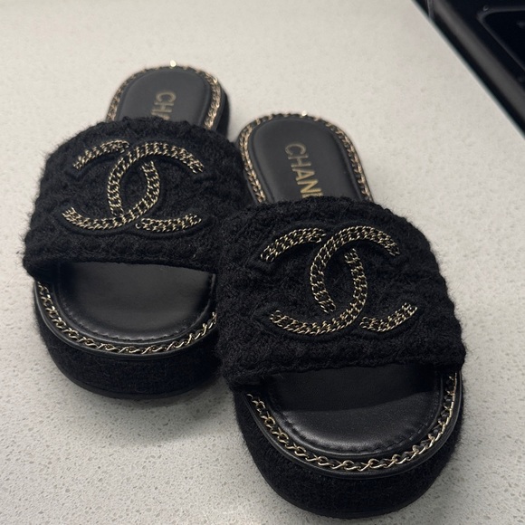 CHANEL Shoes - Chanel Black Slide Sandals gold chain like new w dust over and box